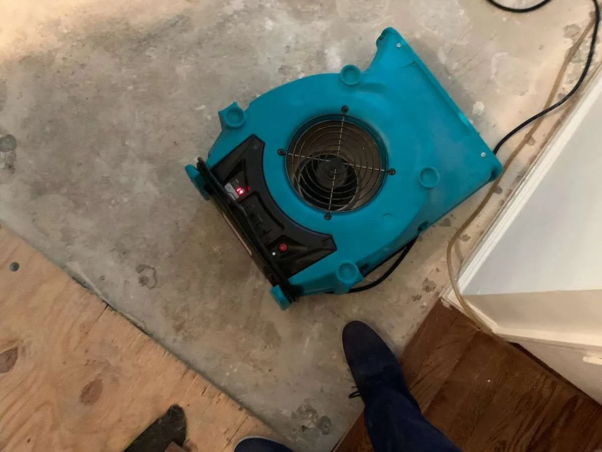 Air mover drying subfloor during Commercial Water Damage Restoration in Mill Valley